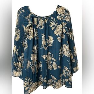 A.N.A Floral Print Blue Bell Sleeve Women's Top